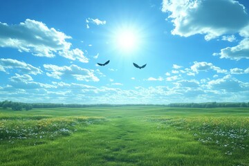 Fototapeta premium Bright Sky Over Lush Green Field with Birds and Fluffy Clouds