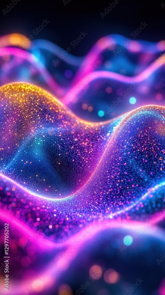 Poster luminous waves of vibrant shimmering particles in a dynamic abstract composition with a dark backdro