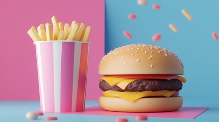 3D fast food burger and fried potato with blue and pink background