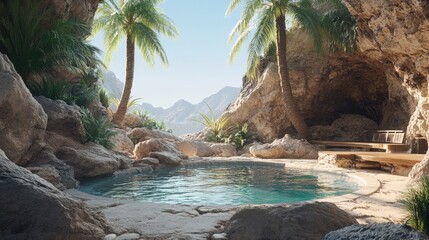 A serene, rocky landscape cradles a vibrant deep blue-green pool at its heart. Varied browns blend harmoniously among nature's rugged textures, inviting tranquility and exploration