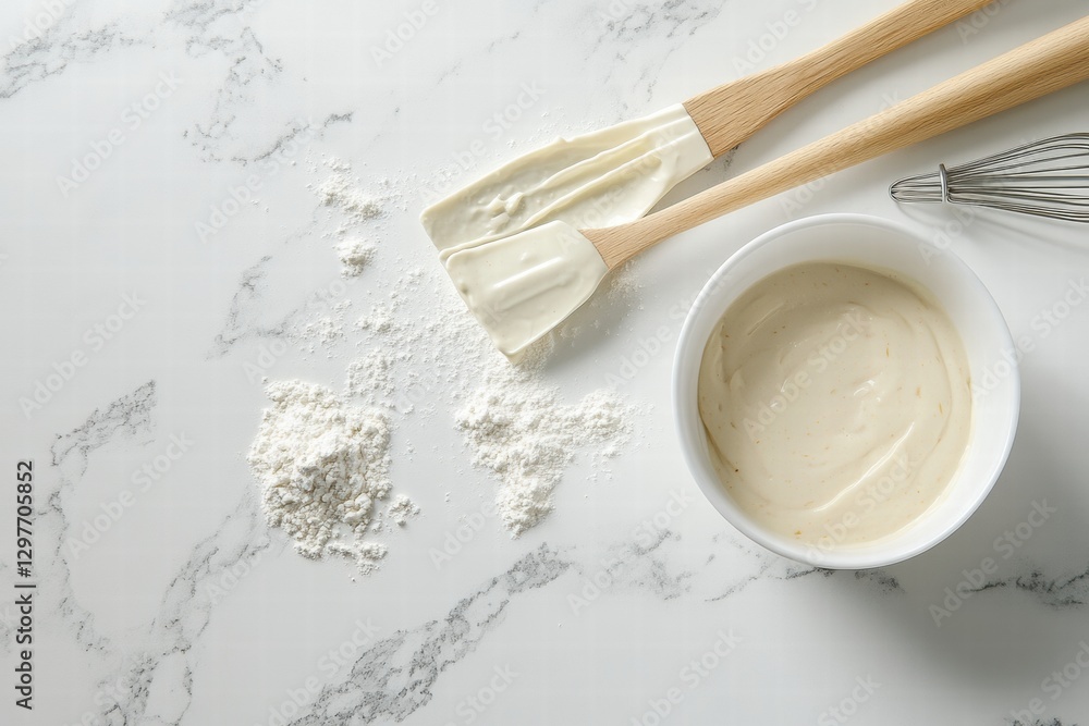 Poster mixing batter with flour and cream in a kitchen setting during the day. generative ai