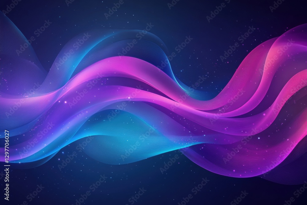 Poster abstract flowing gradient wave with glowing particles on dark blue background for modern design and 