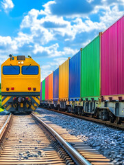 Obraz premium Colorful cargo train on tracks, sunny day