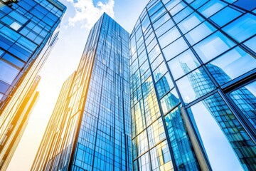 Obraz premium Modern Skyscrapers with Glass Facades Under Blue Sky and Sunlight