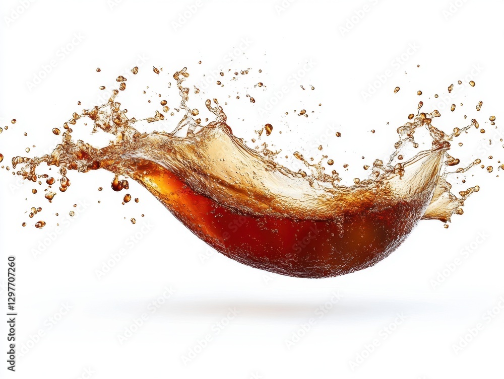 Poster dynamic splash of refreshing cola drink against clean white background studio shot with high speed p