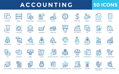 Accounting icon set with calculator, abacus, balance sheet, financial report, money, coin, dollar sign, budget, spreadsheet, invoice icon. Simple outline color vector 

