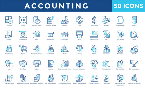 Accounting icon set with calculator, abacus, balance sheet, financial report, money, coin, dollar sign, budget, spreadsheet, invoice icon. Simple outline color vector 
