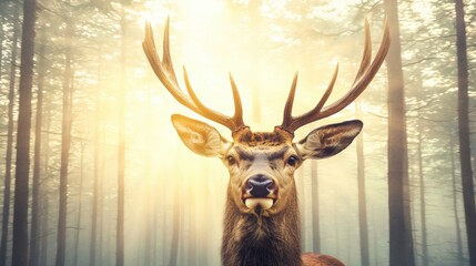 A deer stands in a forest, its large antlers reaching towards the sky.