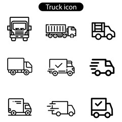 Delivery truck line icon set. Express delivery trucks icons. Fast shipping truck. Free delivery 24 hours. Logistic trucking sign. Vector illustration on white background.