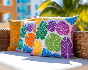 Colorful leaf pillows, outdoor patio