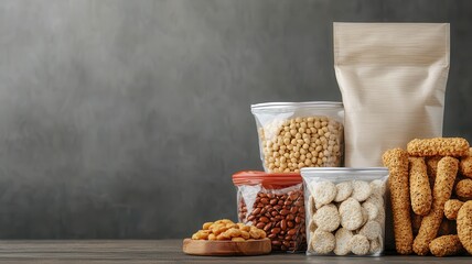 A variety of healthy snacks, including nuts and grains, displayed in jars and bags against a textured background.