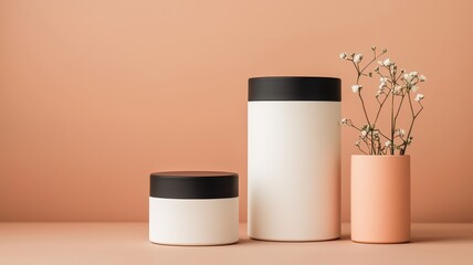 A minimalist display featuring cylindrical containers and a small vase with flowers against a soft peach background.