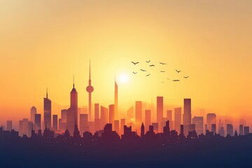 Obraz premium Stunning City Skyline Silhouette at Sunset with Vibrant Orange Sky