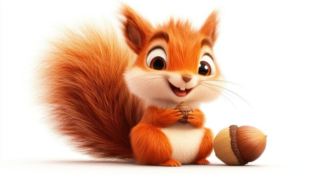Smiling squirrel holding a nut near another, isolated on a white background