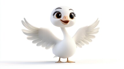 Obraz premium Cheerful cartoon baby swan with wings outstretched against a simple, clean, bright white backdrop