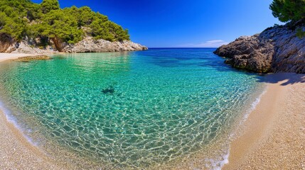 Fototapeta premium Serene Shoreline with Crystal Clear Water and Lush Greenery