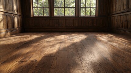 Sunlit wooden room interior, leafy window view, hardwood floor