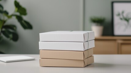 Stacked boxes in neutral colors on a table, with a green wall and a plant in the background, creating a cozy and organized workspace atmosphere.