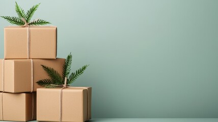 A stack of brown gift boxes adorned with green leaves on a minimalist pastel background.