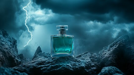 Elegant green glass perfume bottle reflecting the glow of lightning over the dark sea.
