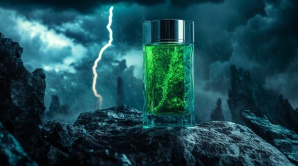 Mystical perfume bottle under a thunderstorm sky, with waves crashing in the background.
