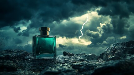 A glass perfume bottle shimmering under the electric energy of a raging storm at sea.
