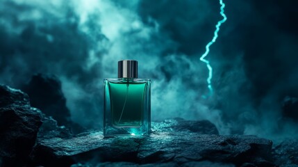 A mysterious perfume bottle under the fury of a thunderstorm, with the wild sea in the background.
