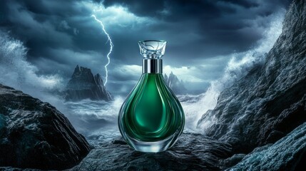 A green glass perfume bottle glowing under stormy clouds, with ocean waves mirroring its reflection.
