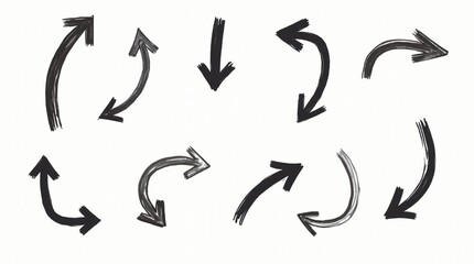 A vibrant set of hand-drawn, sketch-style arrow vector icons in various orientations, including rotated arrows, depicted in a crisp, bold black color, perfect for incorporating into business plans.