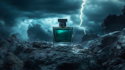 Elegant green glass perfume bottle reflecting the glow of lightning over the dark sea.
