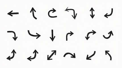 A set of diverse, hand-drawn arrow vector icons in a sketch design style, perfect for business plans and educational materials, featuring rotated arrows in various directions and angles.