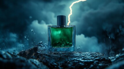 A mysterious perfume bottle under the fury of a thunderstorm, with the wild sea in the background.
