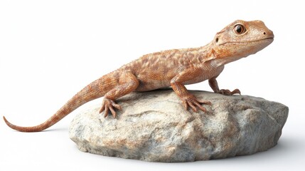 Naklejka premium Lizard resting. Orange reptile poses on rock, isolated against white background