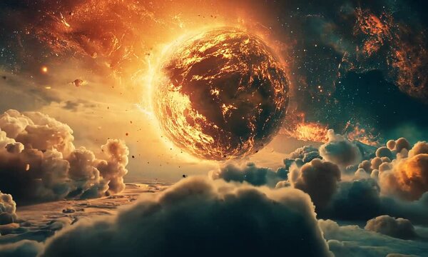 Fiery planet erupting amidst ethereal clouds, cosmic scene with asteroid debris in the background