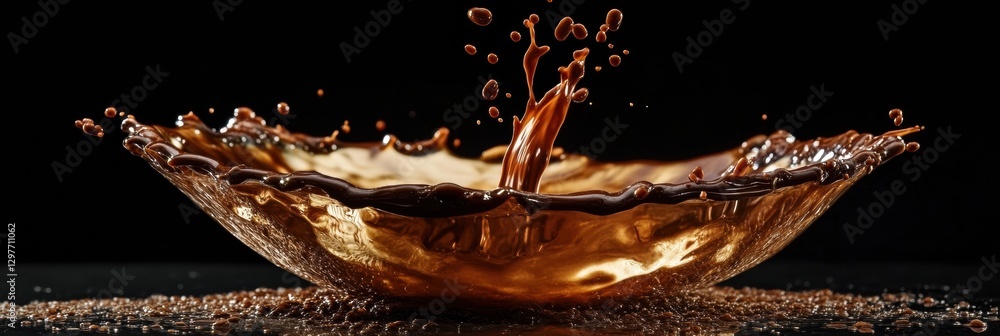 Poster Chocolate liquid splashes in an elegant bowl creating droplets on a dark background. Generative AI