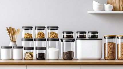 A collection of modern kitchen storage containers on a wooden countertop.