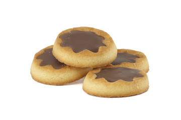 Three delectable round cookies with rich chocolate topping, stacked invitingly on a white background