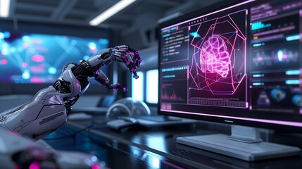A futuristic technology concept featuring glowing holographic interfaces, AI-powered robotic arms, and interconnected data streams, a sleek ultra-modern laboratory with advanced digital displays