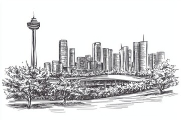 Skyline Illustration of a Modern City with Tower and Landscaped Park