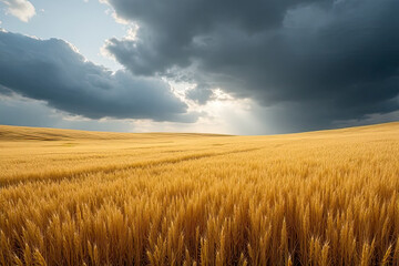 Fototapeta premium Golden Wheat Field Under a Dramatic Stormy Sky with Rolling Hills and Sunlight Breaking Through Creating a Breathtaking and Picturesque Rural Landscape