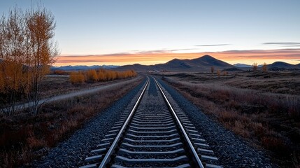 Obraz premium Sunrise over Railroad Tracks in Mountainous Landscape