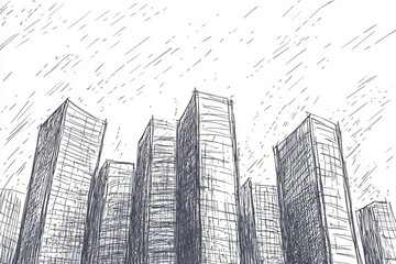 Fototapeta premium Sketch of Modern Skyscrapers Under Dramatic Rainy Sky Atmosphere
