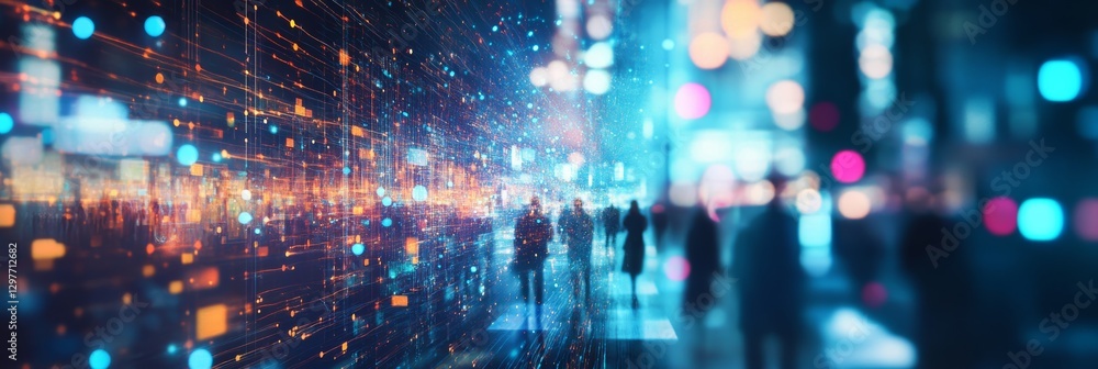Poster a vibrant city scene with blurred figures, illuminated by colorful lights and digital patterns, evok