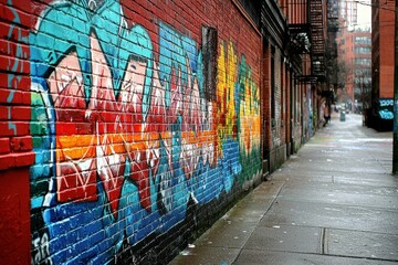 Fototapeta premium Colorful Urban Street Art on Brick Wall in City Alley Scene