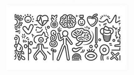 Obraz premium Line art set emphasizing health and wellbeing, with symbols such as a balanced diet plate, stretching figure, smiling brain, family healthcare, and heartbeat lines. Vector design with consistent strok