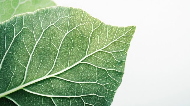 Close-up of a green leaf with detailed veins against a clean white background