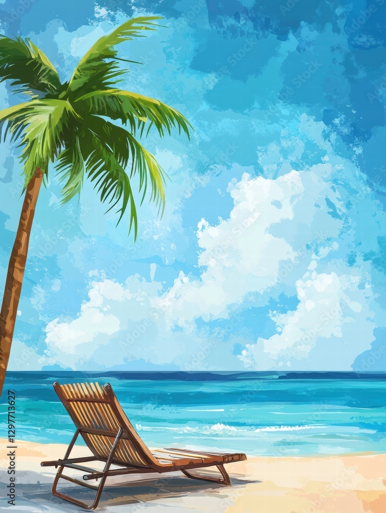 Poster coastal retreat with a palm tree and a beach chair under a sunny sky. generative ai