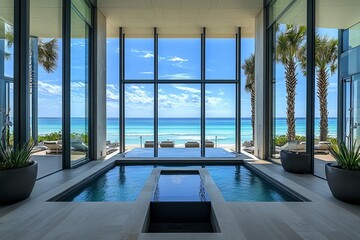 Fototapeta premium Luxury Beachfront Home Indoor Pool Tranquil Ocean View Modern Minimalist Architecture Design Spacious Interior Resort Style Relaxation Calm Serene 