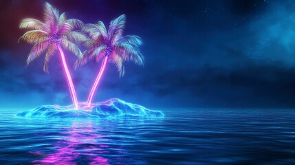 Neon Palm Trees on Glowing Island Amidst Starry Night Sky