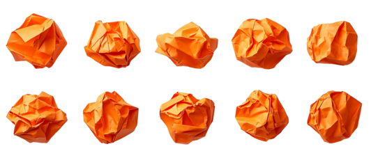 Set of crumpled orange paper of various sizes, isolated on transparent background. high resolution image. PNG FILE